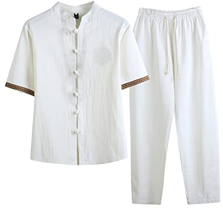 RUMAOZIA Zweiteiler Herren Trainingsanzug Baumwolle Tai Chi Uniform Kung Fu Anzug Chinesisch Traditionelle Kleidung Tang Anzug Kampfkunst Atmungsaktiv Kurzarm Tops Zen Meditation Uniform