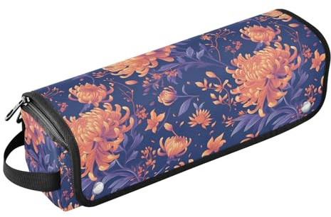 Große orangefarbene Chrysanthemen-Blumen-Haar-Werkzeug-Reisetasche mit hitzebeständiger Matte, abnehmbarer Haarstyling-Zubehör-Organizer für Glätteisen, Glätteisen, Lockenstäbe, Reisetasche für Frauen