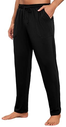 Litherday Pantalón de Pijama Hombre Largo de Algodón Suave y Cómodo Pantalones de Casa con Bolsillos y Cordón para Dormir Primavera Otoño Ropa de Estar en Casa, Negro, M