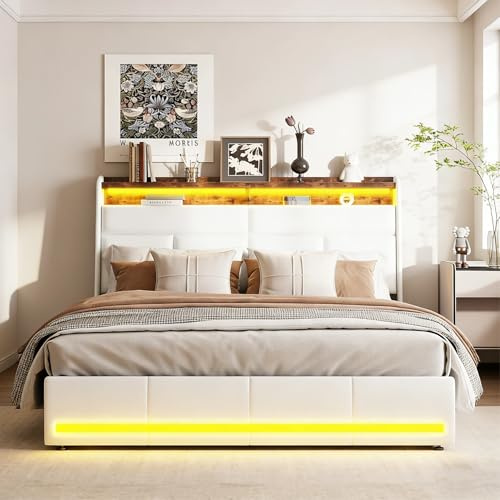 BRILVERDE Polsterbett 140x200 mit Stauraum, Doppelbett mit LED, Hydraulisch Stauraumbett, Jugendbett mit kopfteil, Bettgestell mit Lattenrost, Bettrahmen für Erwachsene, PU (Weiß, 140x200 cm)