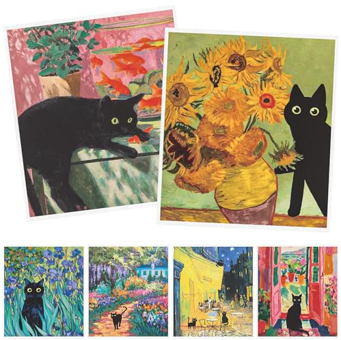 Deorfuy Black Cat Swedish Dishcloths for Kitchen - 6PCS Oil Painting Black Cat Swedish Cloths for Washing Dishes, Cotton Kitten Reusable Dish Towels, Washable Cleaning Sponge Gifts Fast Drying