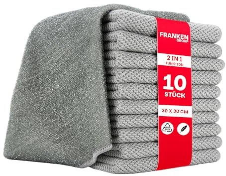 Franken Group Microfasertücher zweiseitig - weich & abrasiv (rau) - Grau - 10 Stück - 30x30 cm - saugstark & fusselfrei - Mikrofasertuch für Haushalt, Auto & Glas - Trockentuch