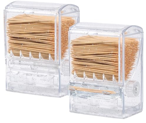 2 dispenser per stuzzicadenti in plastica trasparente con manopola automatica, contiene 500 stuzzicadenti per cucina, feste, tavolo, casa, ristorante