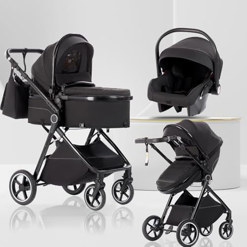 Lnhcrbs Cochecito Bebe 3 Piezas con Capazo, para 0-3 Años-Negro