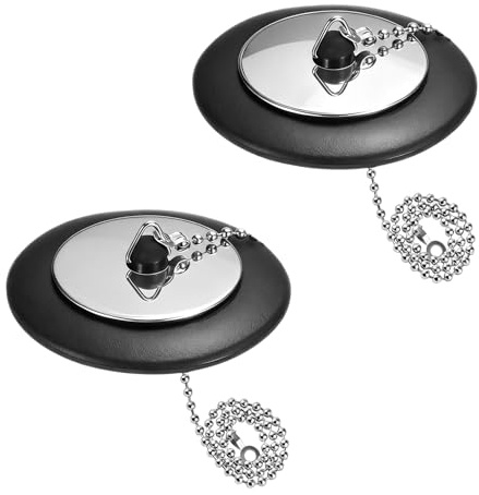 2 Pcs Universal bath plug with Stainless Steel Chain,bath plug and chain,bath plug replacement,43 mm to 45 mm Drain Stoppers Black Rubber for Bathroom Kitchen(Size 1.7in To 1.77in, Chain 15.7in)