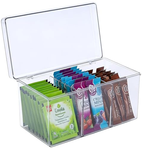Punorric Tea Bag Holder with Lid, 3 Compartment Coffee Packet Storage Container with Removable Partition, Tea Bag Storage Organizer Sachet Holder for Drink Pouches