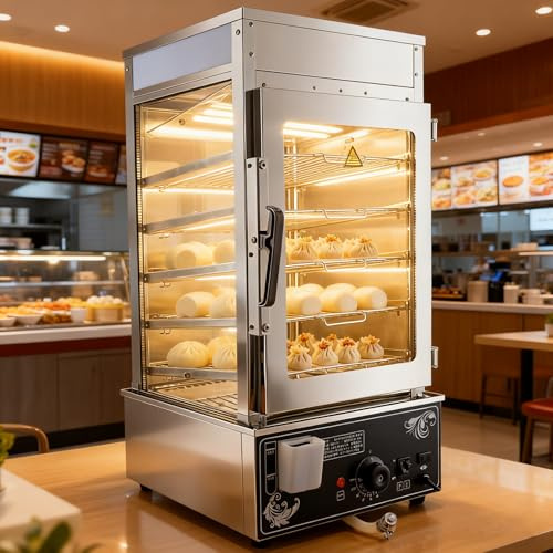 guoyjmm Scaldavivande Commerciale a 5 Ripiani da 1200 W, Vaporiera Elettrica in Acciaio Inox con Illuminazione a LED, Ripiani Rimovibili, Porta in Vetro, Intervallo di Temperatura 30-110 ℃