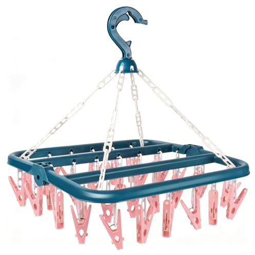 lohey Foldable Clothes Drying Rack with 32 Clips, Space-Saving Sock Hangers for Drying, Multi-Functional Clothes Pegs for Washing Line for Hats, Shoe Insoles, Underwear, Baby Clothes (Pink&Blue)