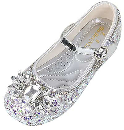 YIzdegg paljetter kristallskor flickor – klädskor prinsessskor Mary Jane halkfria festliga kvällsskor balettskor mjuka sulor eleganta glitterskor för fest bröllop, silver, 35 EU