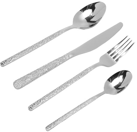 Tnfeeon Serveringsset Set Silverbestick för Hemmet Bröllop Elegant Servis 6 Middagsknivar Gafflar Skedar Dessert Köksbestick 24st Hammarbestick i Rostfritt Stål (Silver)
