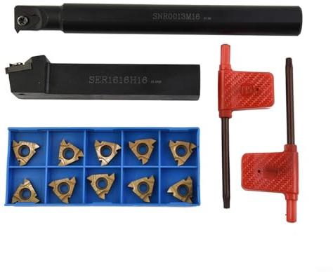 Drehmeißel-Set mit 10 Hartmetall-Einsätzen für CNC-Drehmaschinen, Innengewindebearbeitung SER1616H16 und SNR0013M16, Schaftdurchmesser 16mm und 13mm, inkl. T15-Schlüssel für Metallbearbeitung