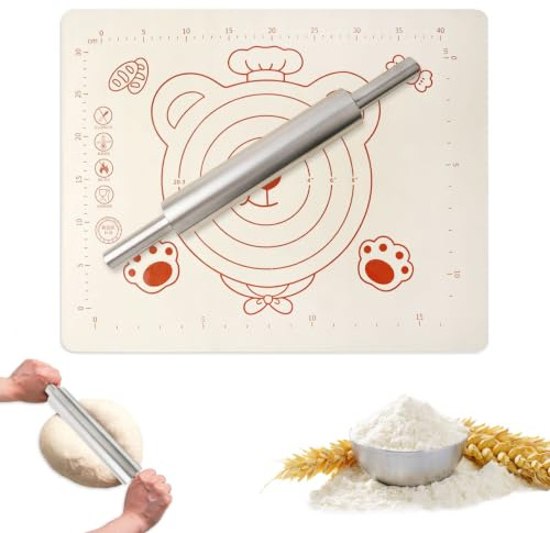 2 Stück Nudelholz Edelstahl Set, 43 cm Teigroller mit Silikonmatte | 50 x 40 cm Backmatte, Antihaft Teigausroller für Pizza, Fondant, Nudelteig, Mürbeteig und Backzubehör