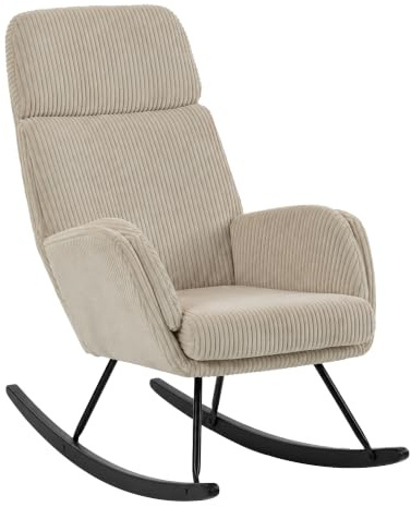 HOMCOM Fauteuil à Bascule Velours Côtelé Dossier Haut Accoudoirs Beige