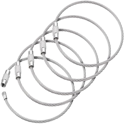 BlueCosto - Wire Keychain Cable - 5 Pack, 6.7” / 17cm - 2mm Thick Stainless Steel Keyring Wire Loops w/Secure Screw Lock for Hanging Luggage Tags & Organising Keys
