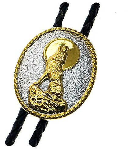Piratenladen Bolotie Heulender Wolf, Gold-Chrom, Bolo Tie, Western Krawatte