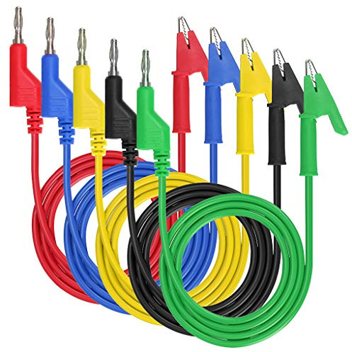 IGNPION 0.15”(4mm) 5PC Banana Plug to Crocodile Alligator Clip Test Probe Multimeter Probe Test Lead, Lead Wire Silicone Cable,39.37”(100cm) (5pcs colors)