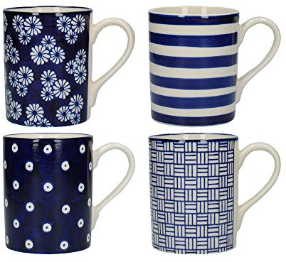 London Pottery JY18LT31 Out of The Blue Tulip Coffee Cups/Tea Mug Set with Assorted Patterned Designs, Stoneware, Navy Blue, 280 ml (4 Pieces)