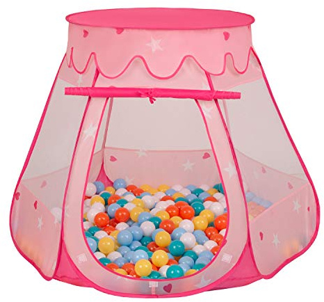 Selonis Lektält, 105 x 90 cm/100 bollar, slott, hus, pop-up, bollhav, plastbollar för barn, mintgrön: vit/gul/orange/babyblå/turkos