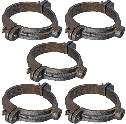 HIGHCRAFT S2PCB-04-5 Industrial Decor 2 Piece Split Ring Pipe Clamp 4 in. Malleable Iron, with 1/2 in. Rod Fitting, Vintage Mounting Bracket for Tubing, Shower Curtain, Tiki Torch (5 Pack)