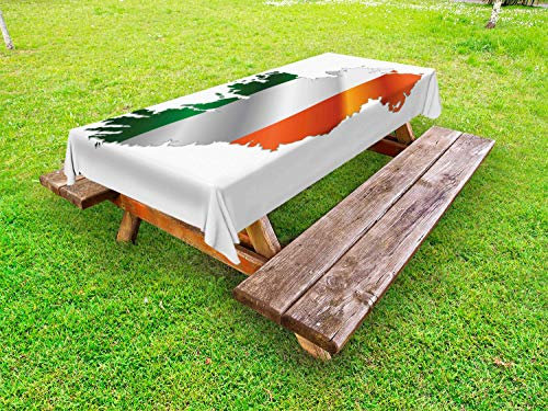 ABAKUHAUS Irland Karte Outdoor-Tischdecke, Irish Pride-Flaggen-Farben, dekorative waschbare Picknick-Tischdecke, 145 x 265 cm, Weiß und Multicolor