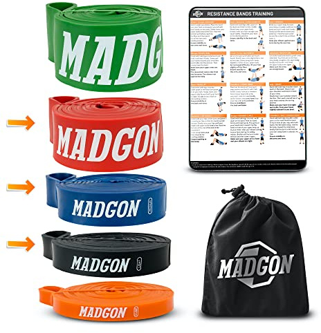 MADGON Resistance Bänder (als Einzelband in 5 Stärken oder im Set). Reißfeste & haltbare Trainingsbänder mit Beutel und PDF Guide. Widerstandsbänder für alle Muskelgruppen. Fitness Band Loop