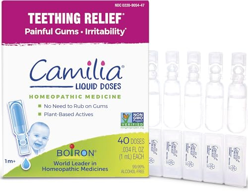 Boiron Camilia Teething Drops for Daytime and Nighttime Relief of Painful or Swollen Gums and Irritability in Babies - 40 Liquid Droppers Bundled in 8 separate packs of 5