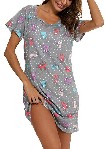 ENJOYNIGHT Camisón de Manga Corta para Mujer Camisones de Algodón Estampado Pijama de Verano (Large,Gato)