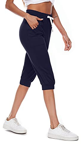 Ietaoo Pantaloni Tuta Donna 3/4 100% Cotone Pinocchietto Capri Estivi Leggeri Comodi Traspiranti Elastico con Tasche Fitness Blu Navy L