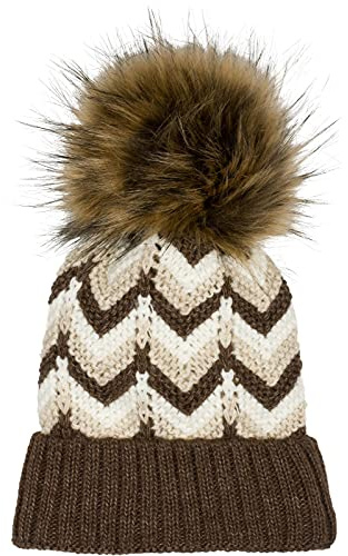 styleBREAKER Damen Strick Bommelmütze Zick-Zack Fleece | Weicher 12 cm Fake-Fur-Pompon. Isolierendes Thermo-Innenfutter gegen Kälte. Elastischer 23 cm Bund (für 47-58 cm Umfang).