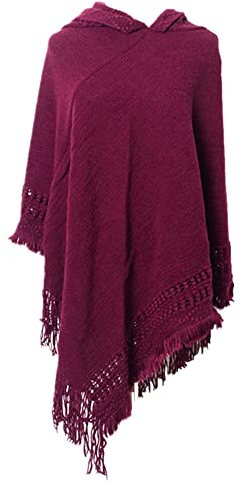 PEIHUODAN Poncho Schal Damen Winter Warmer Poncho Damen Mit Kapuze Outdoor Kuschel Poncho Teenager Mädchen Mit Strick, Cape Für Frauen Aus Strickmaterial Mit Zierfransen, Bunt (Rot)