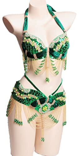 JRUIA Bauchtänzerin Kostüme Für Damen Stammes Bauchtanz BH Und Gürtel Sexy Bauchtanz Professioneller Tanzanzug Karneval BH Gürtel (2 Stück),Grün,L