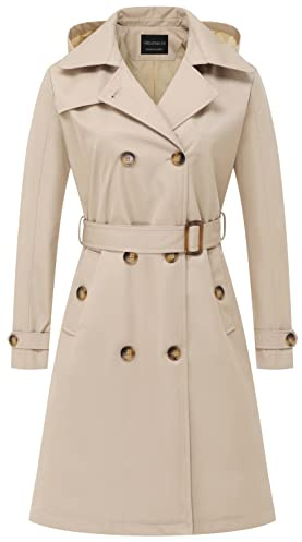 CREATMO US Women's Long Trench Coat Double-Breasted Classic Lapel Overcoat Belted Slim Outerwear Coat with Detachable Hood, Khaki, M