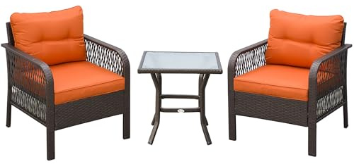 Outsunny 3 Pieces Rattan Bistro Set Glass Top Coffee Table Orange | Wicker Garden Furniture Set, Chairs, Thickened Cushions, for Outdoor, Patio, Balcony