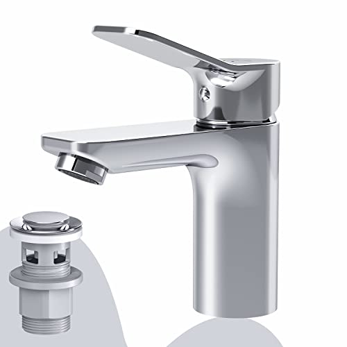 AM.PM X-Joy - Waschtischarmatur mit Einhebelmischer und Klick-Ablaufgarnitur, Waschtischmischer Kurzer, Mischbatterie Pop-Up Ventil, Wasserhahn Bad Klein für Waschbecken, Auslaufhöhe 79mm, Chrom