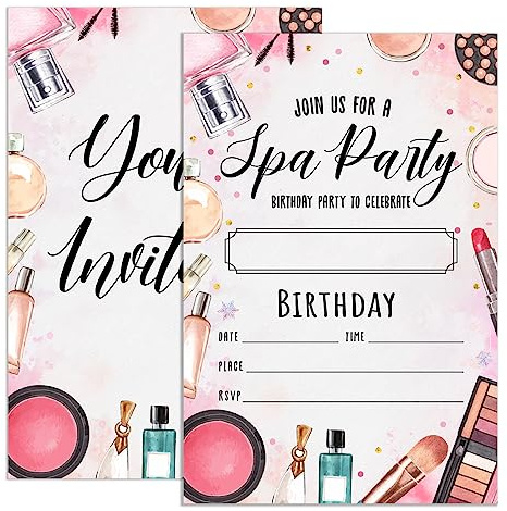 UDNADKEX Inviti di compleanno per ragazze e bambini con buste, biglietti d'invito per il trucco della spa, festa di compleanno, rosa, invito alla festa della spa, 10,2 x 15,2 cm, set di 20 pezzi