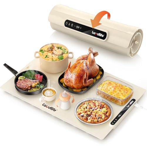 Food Warming Mat 24x16 Inches, Electric Warming Tray with 7 Temps, Foldable Food Warmer for Parties, Buffets, Family Gatherings, Holiday & Sabbath, Child Lock, Heating Mat for Food, Beige