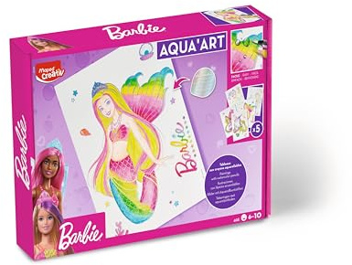 Maped - Matite acquerellabili - Barbie Aqua Art - Set di disegni da colorare - Disegni A4 con effetto metallizzato - Include 18 matite colorate e un pennello