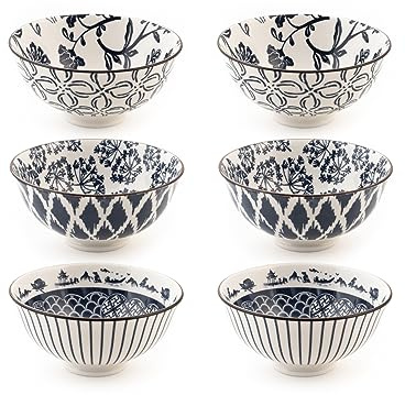 H&H Set de 6 Cuencos Poke Redondos de Porcelana Seta 12 cm – Diseños Asortados, Estilo Moderno – Ideales para Ensaladas, Frutas y Postres – Apto para Lavavajillas y Microondas