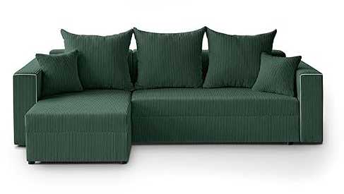 Mars Meble L-förmiges Lounge-Ecke Hamlet L-Form Corner Sofa aus Cordstoff universelle Schlafsofa inkl. Schlaffunktion Bettkasten, Farbe: Grün
