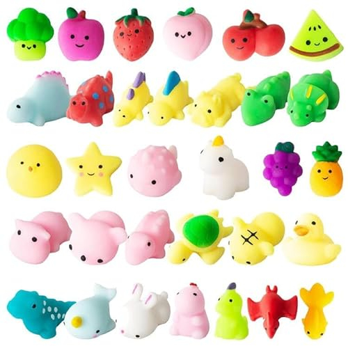 JUAUO 32Pcs Mini Squishy Kawaii Squishys Lindos Juguete Antiestrés, Squeeze Toys Juguete de Silicona Dinosaurio Animales Frutas, Regalos Cumpleaños para Niños Colegio Premios Relleno de Piñatas
