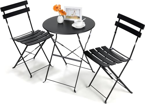 Bistroset 3-teilig | 1 bistrotisch 2 klappbar Stühle, Bistro Gartenmöbel Set, Balkon Set Metall, Klappbare Sitzgarnitur Garten, Balkonmöbel Klappbar, Gartenset Tisch und Stühle Metall | Schwarz