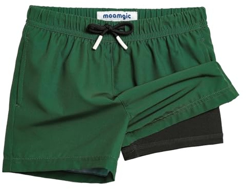maamgic Boys Swim Trunks with Compression Liner Toddler Stretch Swim Shorts Quick Dry Swimming Trunks Boxer Brief 2 in 1 Beach Shorts Dark Green 8
