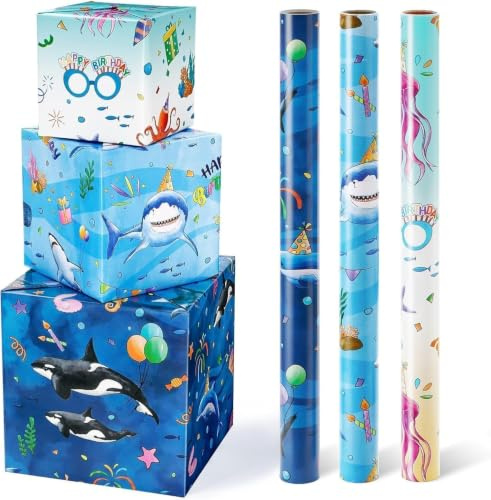 WERNNSAI 3 Rollen Ozean Geschenkpapier 3m x 43cm Hai Kinder Junge | Shark Geburtstag Geschenkpapierrollen Sommer Geschenkverpackung mit Schnittlinien Blau Geburtstag Deko