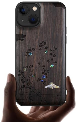Carveit Coque Magnétique pour iPhone 13 Étui de TPU, Gravure en Bois et Incrustation de Coquille Cover Compatible Magsafe avec 13 Coque (Bois Sombre-Fleur de Cerisier)