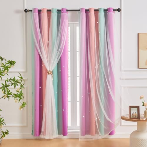 SeseBee Tende per camera da letto per ragazze a 2 pannelli, finestre per cameretta per bambini, tende oscuranti, a forma di stella, tende con occhielli (Rosa Viola Blu, 2P ×L132×A213 cm)