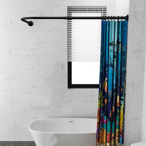 Duschvorhangstange Schwarz Bohren oder Ohne Bohren L Form Winkelstange Duschvorhang,Gebogene Duschvorhangstange Aus 304 Edelstahl, Für Badezimmer,Bekleidungs(Size:C 90-130cm x 90 -130cm,Color:Schwarz)