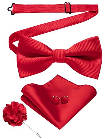 JEMYGINS Herren Fliege aus Twill in Uni mit Pocket Square Manschettenknöpfen und Blumen Gesteck Geschenkset für Partys Business und Hochzeiten