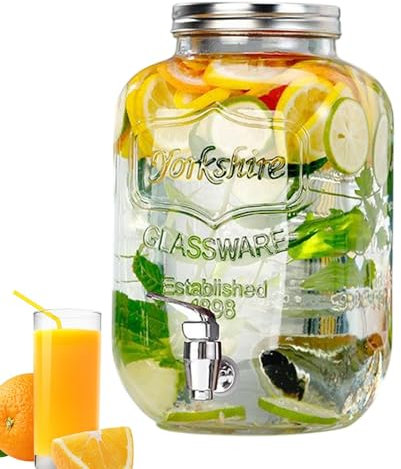 Drink Dispensers for Parties, Beverage Dispenser with Spigot, Leakproof Drink Pitcher, Food-Grade Iced Beverage Jug, Clear Glass Carafe, Perfect for Hosting, RV Trips, Champagne Serving