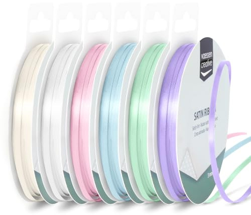 Vaessen Creative Satinband 3 mm x 10 m - Doppelseitiger Schleifenbänder und Dekoband zum Basteln - Geschenkband und Stoffbänder für Deko und Schateln - Babyparty/Kommunion Farben Bunt - 6 Stück