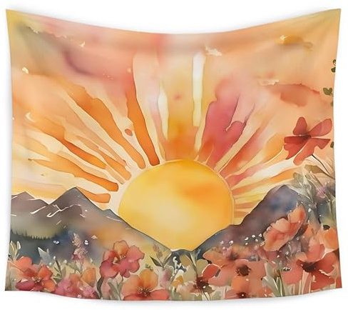 WARDOS Boho Sun Tapestry, Boho Tapestry Wall Hanging, Abstract Mid Century Modern Sunshine Sunset Sunrise Wildflower Mountain Landscape Wall Blanket Decor for Home Living Room Bedroom, 50x60 Inch